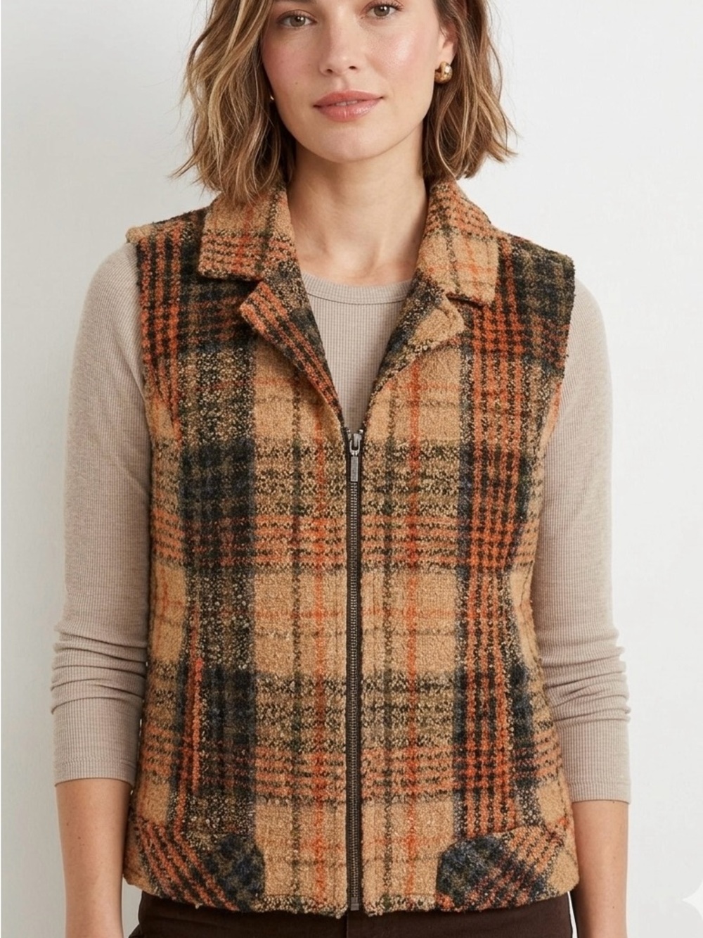 Christopher & Banks Plaid Tweed Zip Vest Size L Autumn Vintage-Inspired